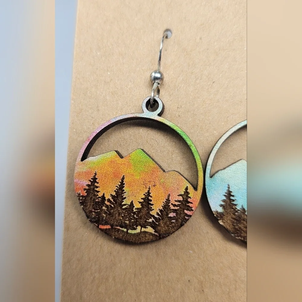 Hand Painted Sunset Mountain Trees Laser Cut Wood Dangle Earrings Round 1" - Picture 2 of 7